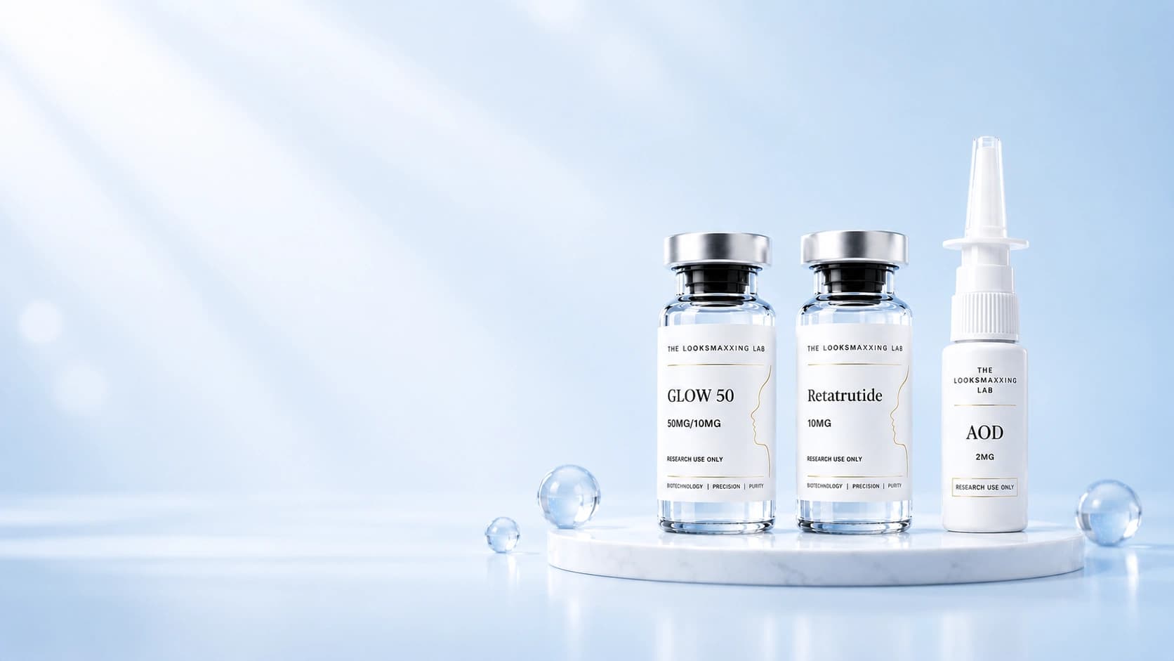 Dark blue laboratory environment with premium glass peptide vials — The Looksmaxxing Lab research peptides