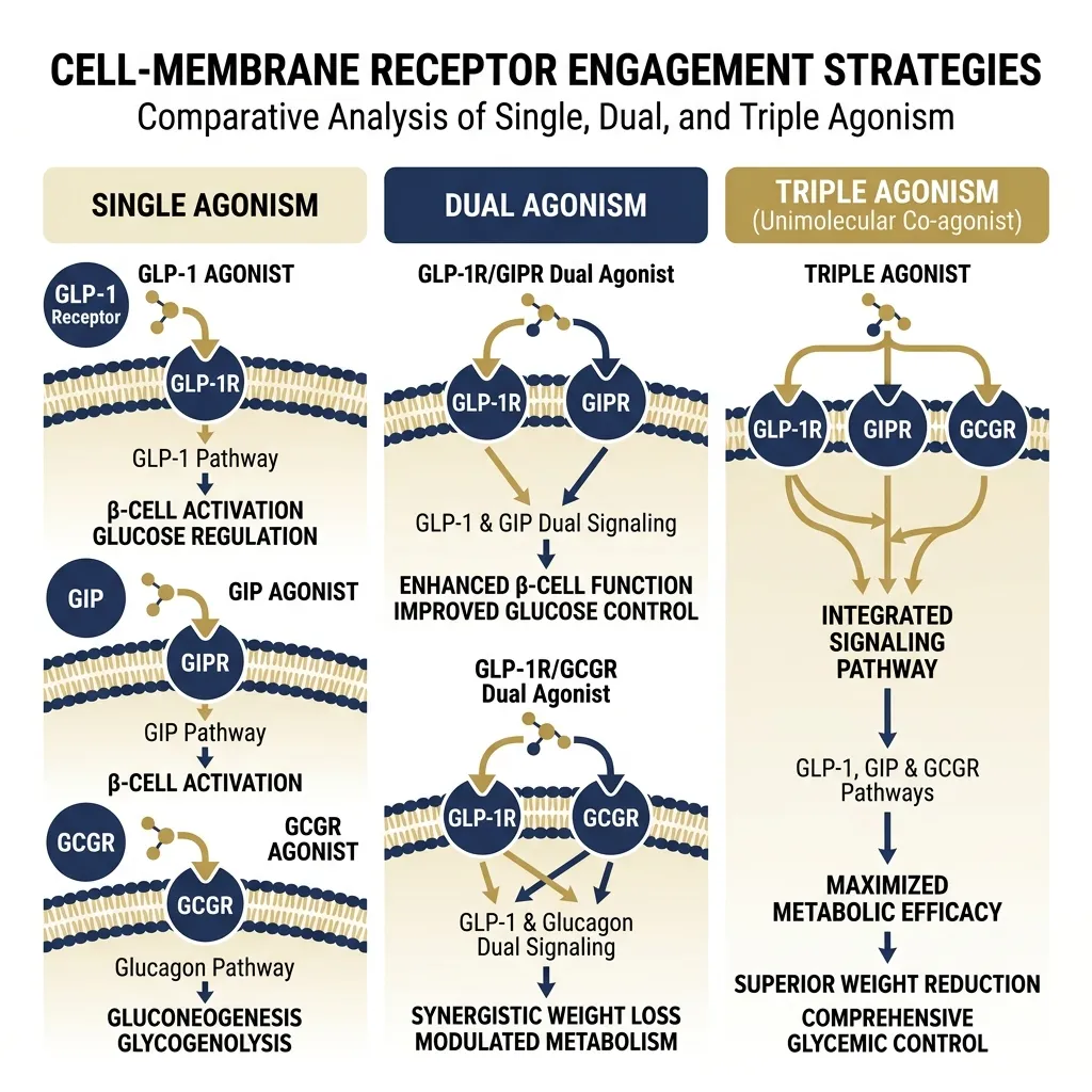 Diagram comparing GLP-1, GIP, and glucagon receptor engagement across semaglutide, tirzepatide, and retatrutide research mechanisms