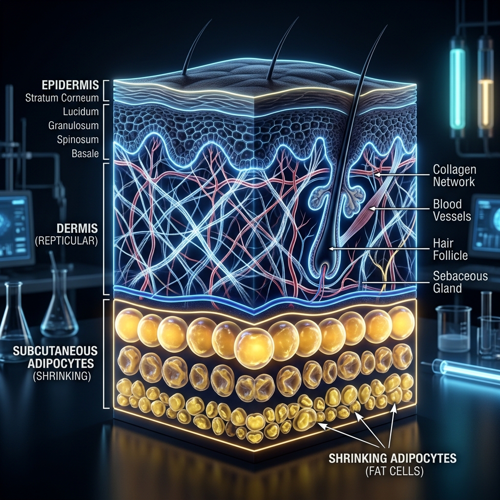3D cross-section diagram of human skin and shrinking subcutaneous adipocytes caused by GLP-1 agonists